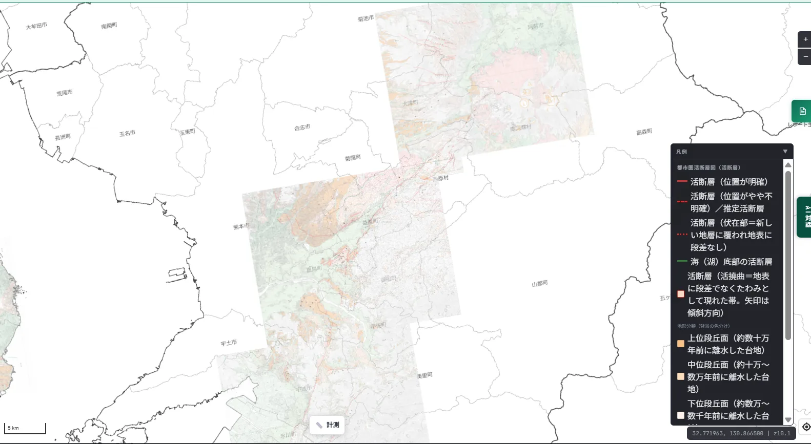 A map of the area around Kumamoto City, Mashiki Town, and Nishihara Village in Kumamoto Prefecture. An active fault (solid and dotted red lines) runs in a band from the southwestern foot of the Aso caldera rim toward the Kumamoto Plain. The background shows orange-toned terrain classification for upper and middle terraces.
