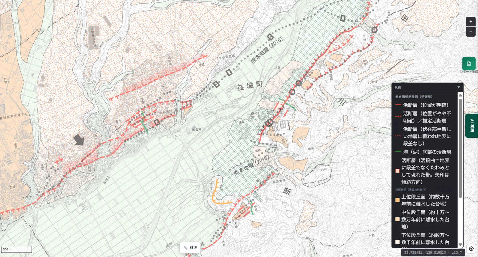 A zoomed-in map of central Mashiki Town, Kumamoto Prefecture. A solid red line — the surface rupture from the 2016 Kumamoto earthquake — clearly cuts diagonally across the residential grid and roads, ignoring property boundaries.