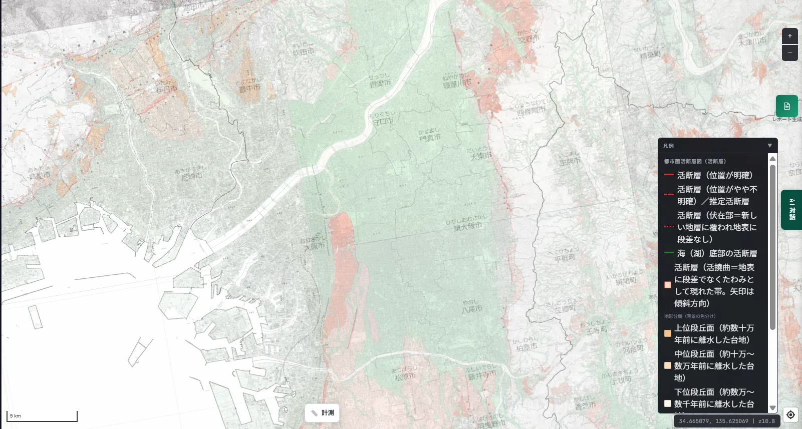 A map of the area around Osaka City, Higashiosaka City, Yao City, Fujiidera City, and Matsubara City in Osaka Prefecture. An orange band of upper-terrace terrain (land that emerged several hundred thousand years ago) spreads north-south along the Uemachi Fault Zone.