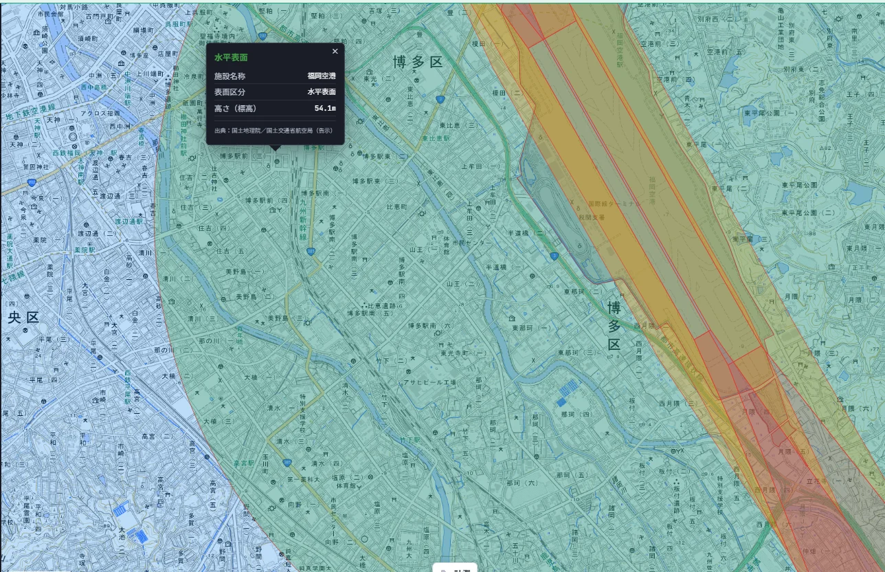 A map showing a popup for Fukuoka Airport's horizontal surface open near Hakata Station. The area around Hakata Station and Hakata-eki Higashi is covered by an orange transitional surface and a red approach surface. The popup shows facility name "Fukuoka Airport," surface category "Horizontal surface," height (elevation) "54.1m," and source "Geospatial Information Authority of Japan / Japan Civil Aviation Bureau (official notice)."
