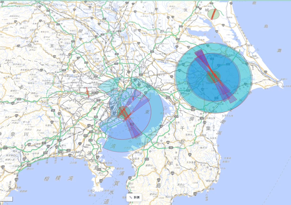 A wide-area map of the Kanto region. Restriction surfaces (horizontal-surface circles, approach- and transitional-surface fan shapes) are shown for both Haneda Airport (left, across Tokyo Bay) and Narita Airport (right). Part of central Tokyo also falls within Haneda Airport's restriction surfaces.