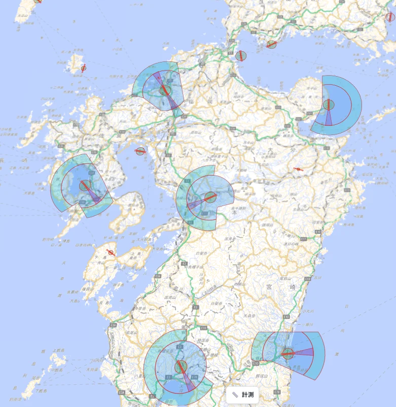 A wide-area map of the Kyushu region showing restriction surfaces (horizontal-surface circles, approach-surface fan shapes, and more) around multiple airports and heliports simultaneously. Color-coded polygons are visible scattered across Kyushu.