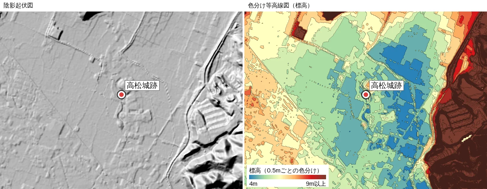 (Trial-development screen) Close-up around the castle site. Left: black-and-white hillshade; right: contour map colored every 0.5 m. The site (red marker) lies on blue to light-blue land slightly lower than the surrounding flat ground, with elevation rising toward the hills to the east