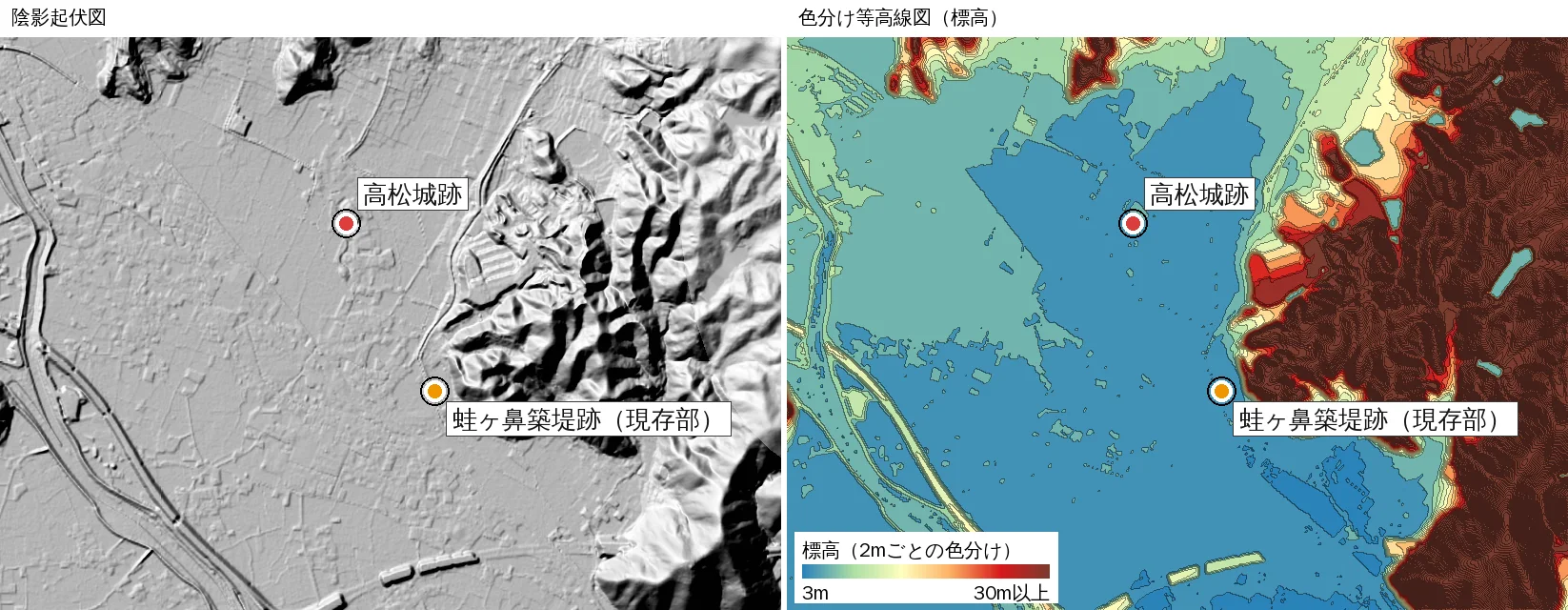 (Trial-development screen) Split view showing the castle site and the Kawazugahana embankment remains. Left: black-and-white hillshade; right: contour map colored every 2 m. The castle site (red marker) lies on flat low ground with hills to the north and east; the embankment remains (orange marker) lie at the southwest foot of Mt. Ishii to the east