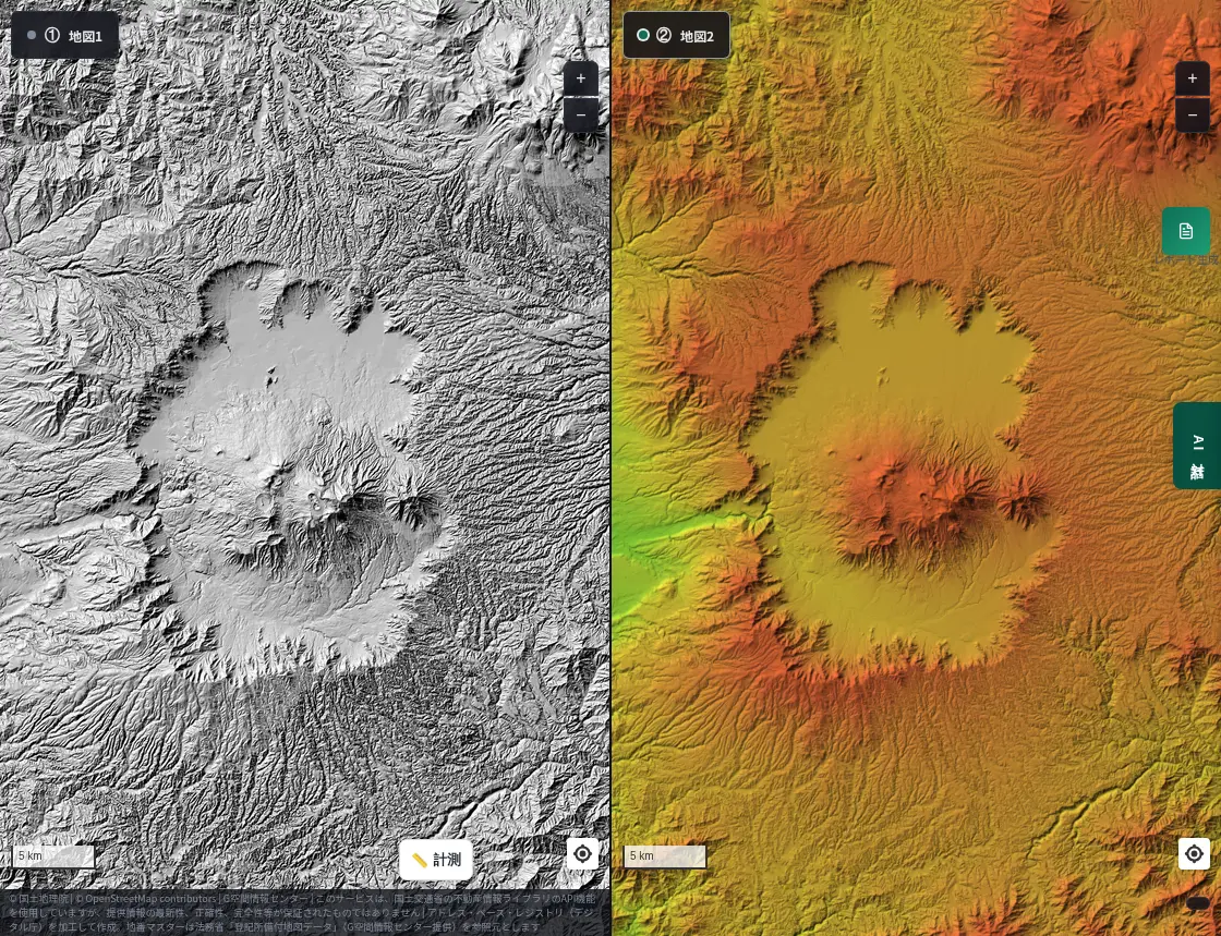 Split view of the Aso caldera. Left: black-and-white hillshade; right: colored elevation. A wide basin surrounded by the outer rim, with the five peaks of Aso in the center