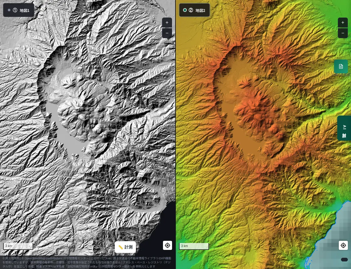 Split view around Hakone. Left: hillshade; right: colored elevation. Lake Ashi inside a rim, with the central cones of Mt. Kami and Mt. Komagatake