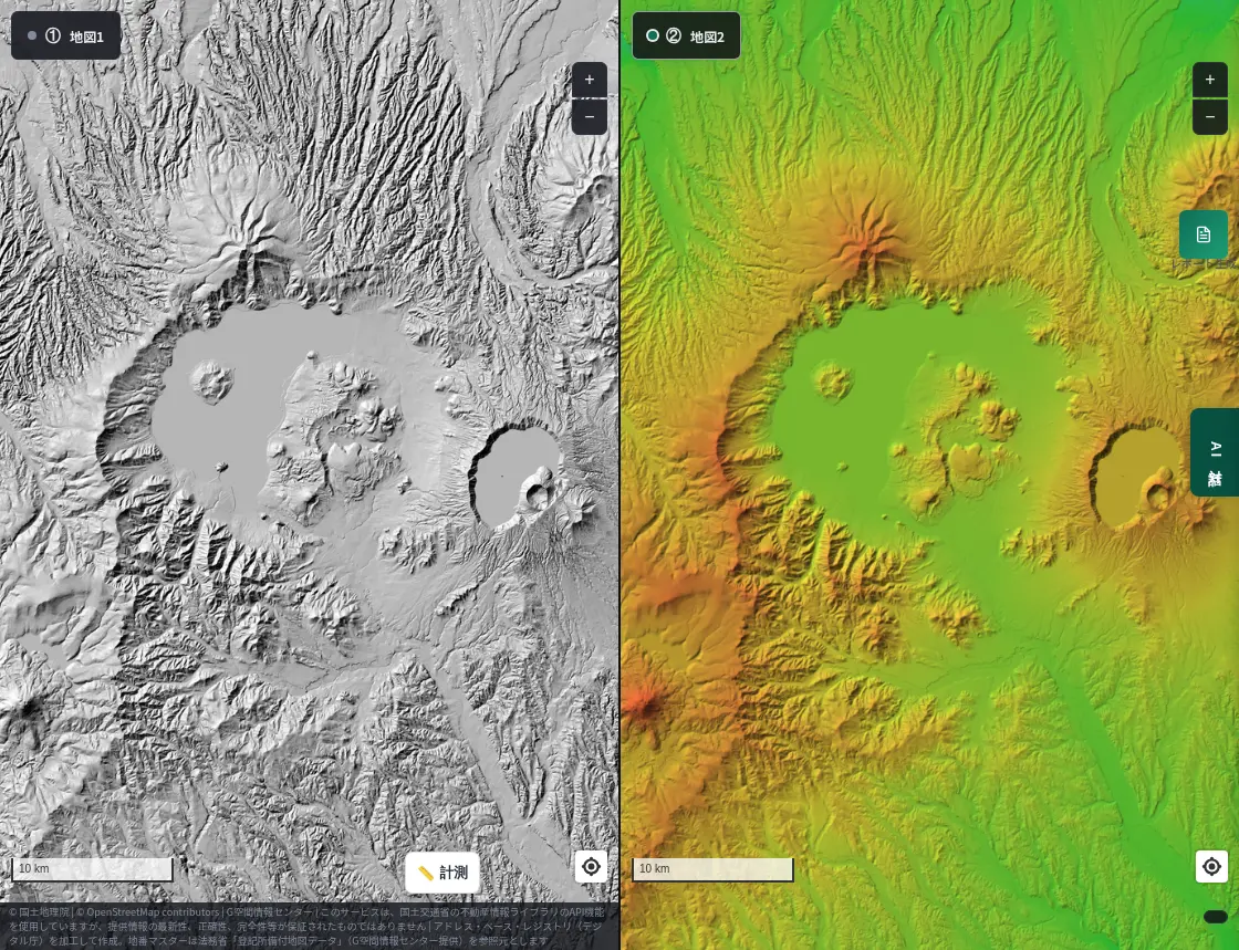 Split view around Lake Kussharo. Left: hillshade; right: colored elevation. A lake inside a huge depression, with the Mashu caldera overlapping to the east