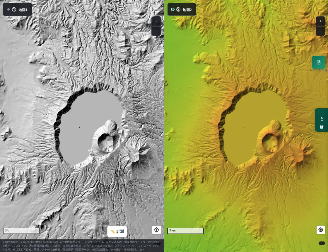 Split view around Lake Mashu. Left: hillshade; right: colored elevation. A circular lake enclosed by steep walls, with a small island (Kamuishu) in the middle
