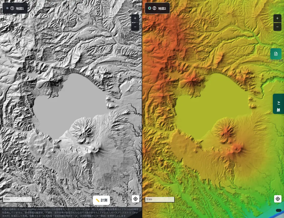 Split view around Lake Shikotsu. Left: hillshade; right: colored elevation. Volcanoes such as Fuppushi, Tarumae and Eniwa line the lake