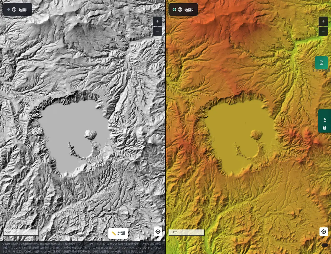 Split view around Lake Towada. Left: hillshade; right: colored elevation. A lake inside a double rim, with the Nakayama and Okura peninsulas jutting in