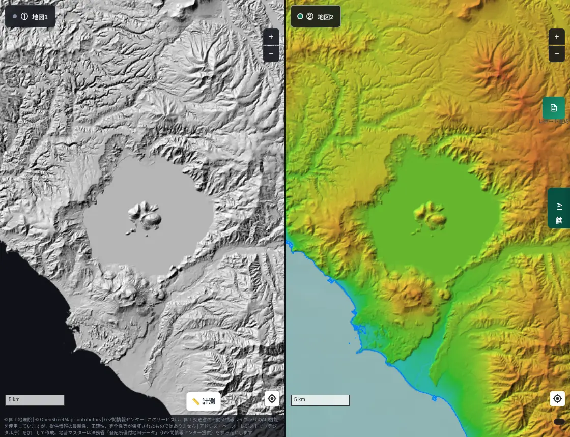 Split view around Lake Toya. Left: hillshade; right: colored elevation. A nearly circular lake with an island in the middle and Mt. Usu to the south