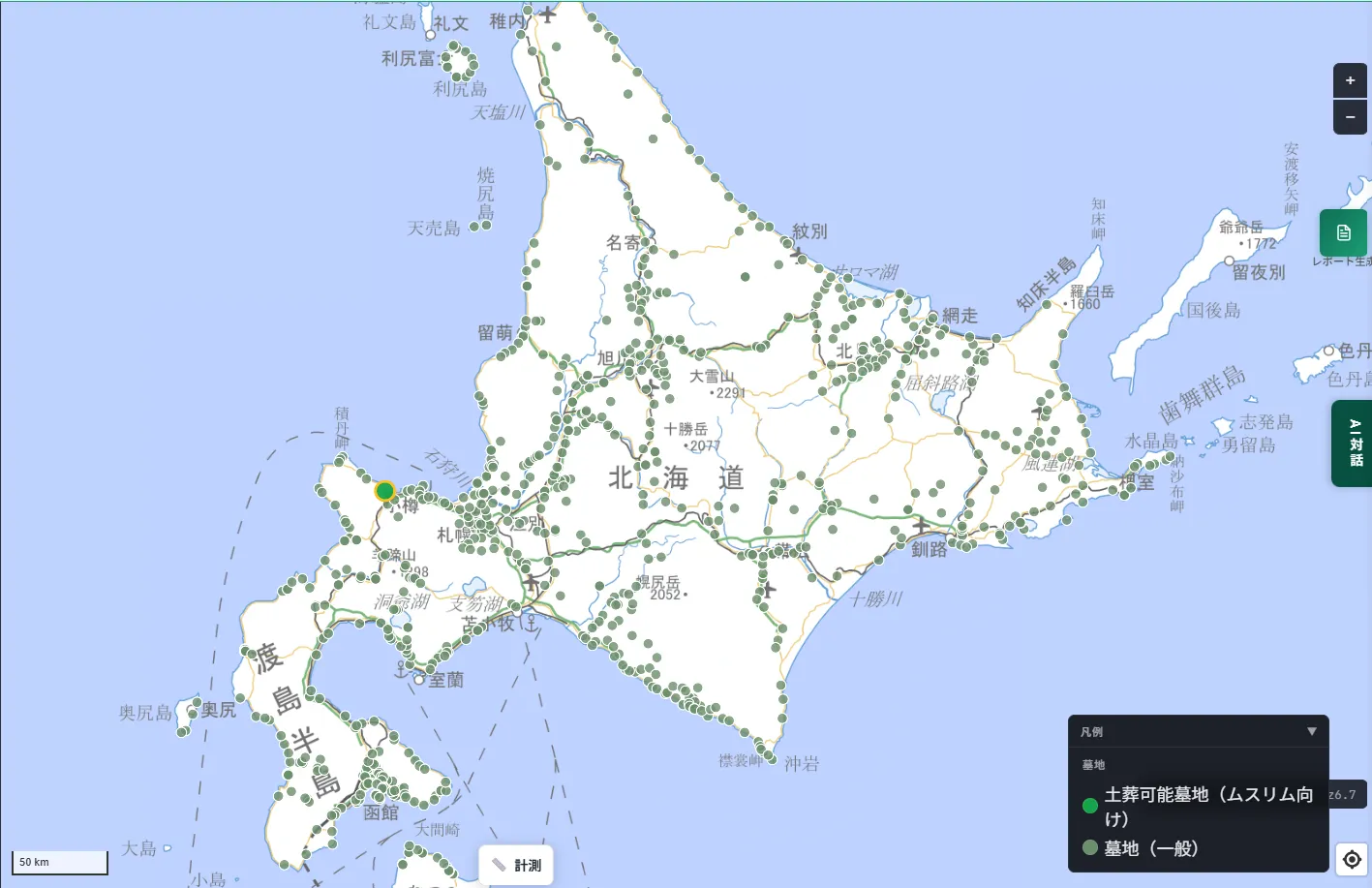 A wide-area map of Hokkaido with cemeteries distributed across the prefecture, and a single gold-rimmed burial-accommodating cemetery marker near Otaru City.