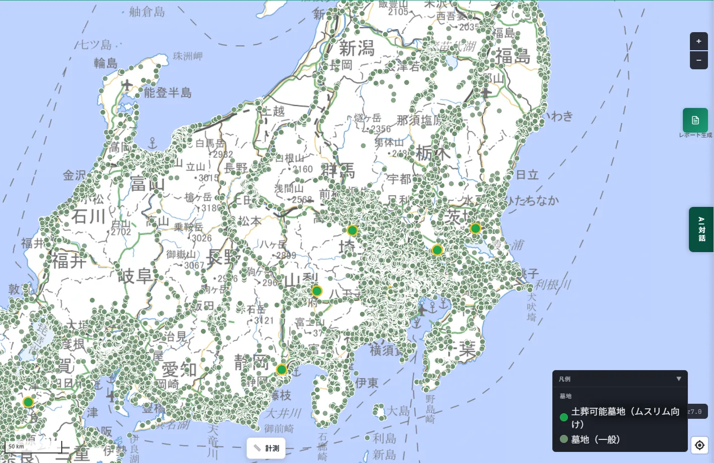 A wide-area map of the Kanto and Koshinetsu regions with a dense scattering of cemetery markers, and gold-rimmed burial-accommodating cemetery markers scattered around Saitama, Ibaraki, Yamanashi, Shizuoka, and Ishikawa prefectures.