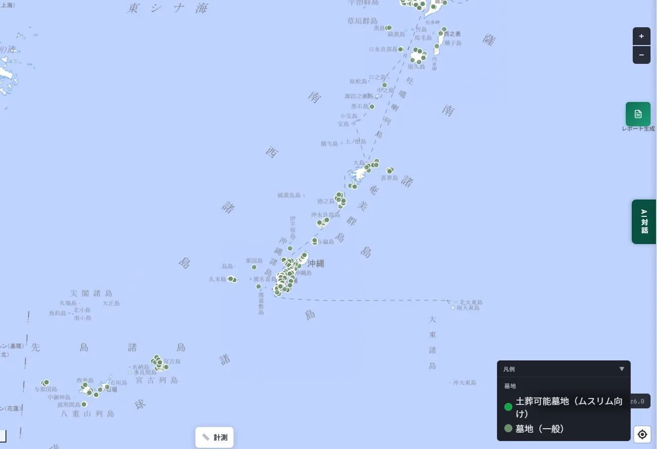 A wide-area map of the Okinawa, Amami, and Ryukyu island chain, showing a much sparser distribution of cemetery markers than other regions, with no burial-accommodating cemetery markers shown.
