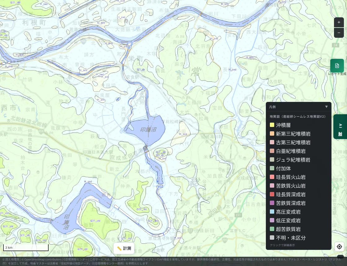 A geological map around Lake Inba. Pale blue lowlands and pale green uplands are clearly separated, with the lowlands branching along Lake Inba, the Tone River, and the Nagato River. Symbols that appear to indicate Holocene sediments and upland sediments are shown on the map