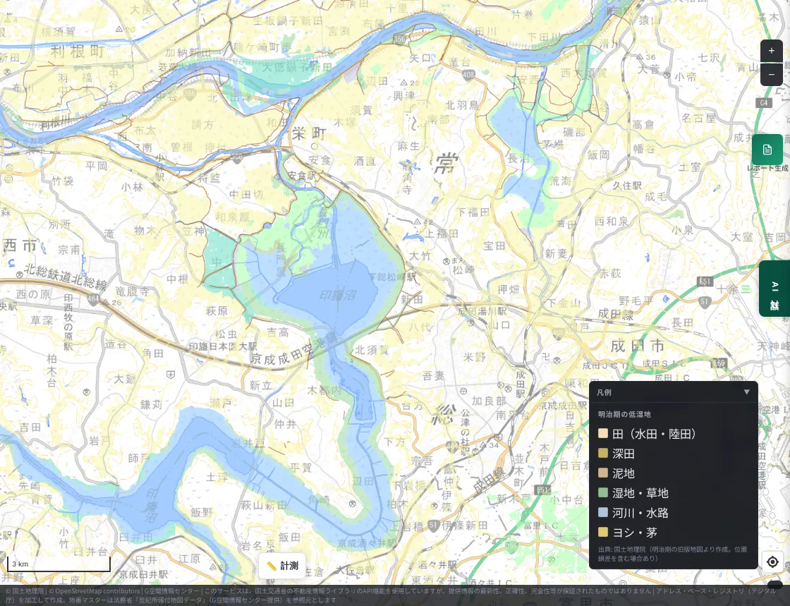 A wide map around Lake Inba. The Meiji-era lowlands layer shows the surroundings of Kita-Inba-numa and Nishi-Inba-numa, the Tone River banks, and the valleys north of Narita as water, wetland, and paddy fields