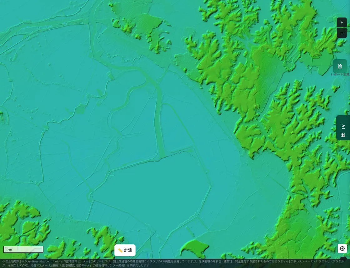 A color-coded elevation map around Kita-Inba-numa and Sakae Town. A flat blue-green lowland spreads around the lake, with yellow-green uplands cut by valleys to the east