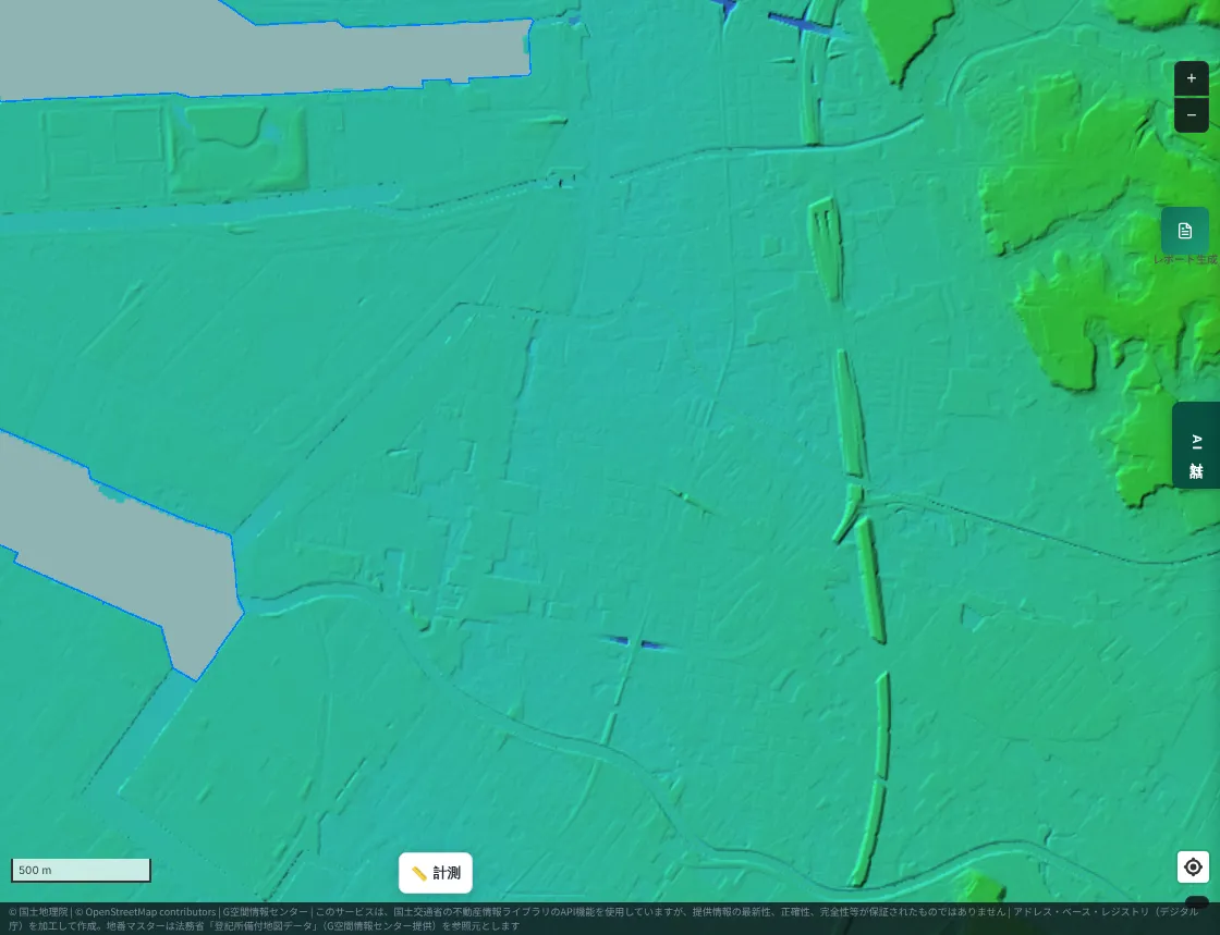 A color-coded elevation map around Murata-cho and Hamano Station in Chiba City's Chuo Ward. Almost the entire area is flat blue-green lowland, with slightly higher yellow-green upland to the east