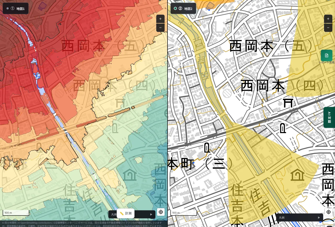 MAPRISE 2-split view of Nishiokamoto to Sumiyoshi-honmachi in Higashinada Ward, Kobe. On the left, the mountain side to the northwest is red and the elevation drops toward the southeast urban area. On the right, two large yellow fan shapes (debris-flow warning areas) spread on both sides of the Sumiyoshi River