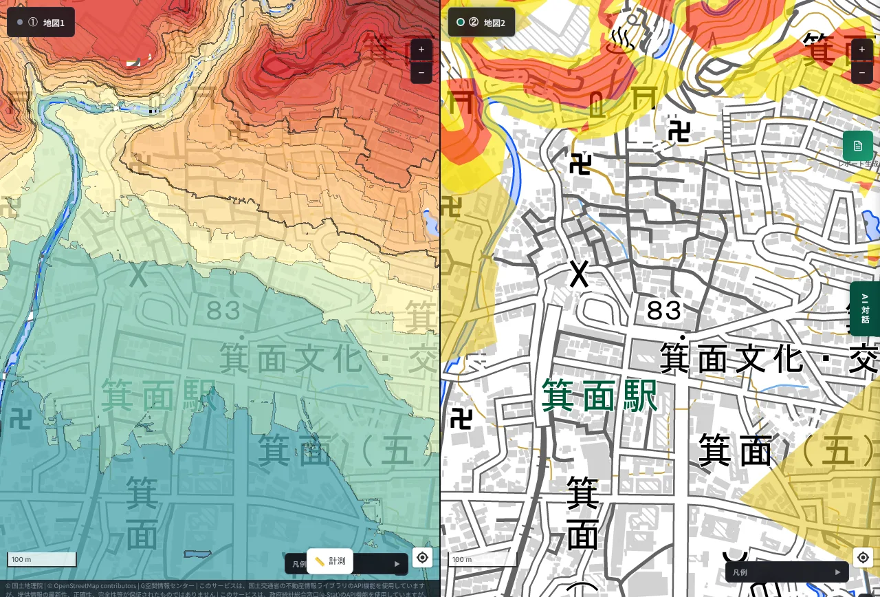 MAPRISE 2-split view around Minoh Station in Minoh City, Osaka. On the left, a red mountain presses in north of the lowland around the station. On the right, a yellow band runs along the valley north of the station, and a large yellow fan appears east of the station