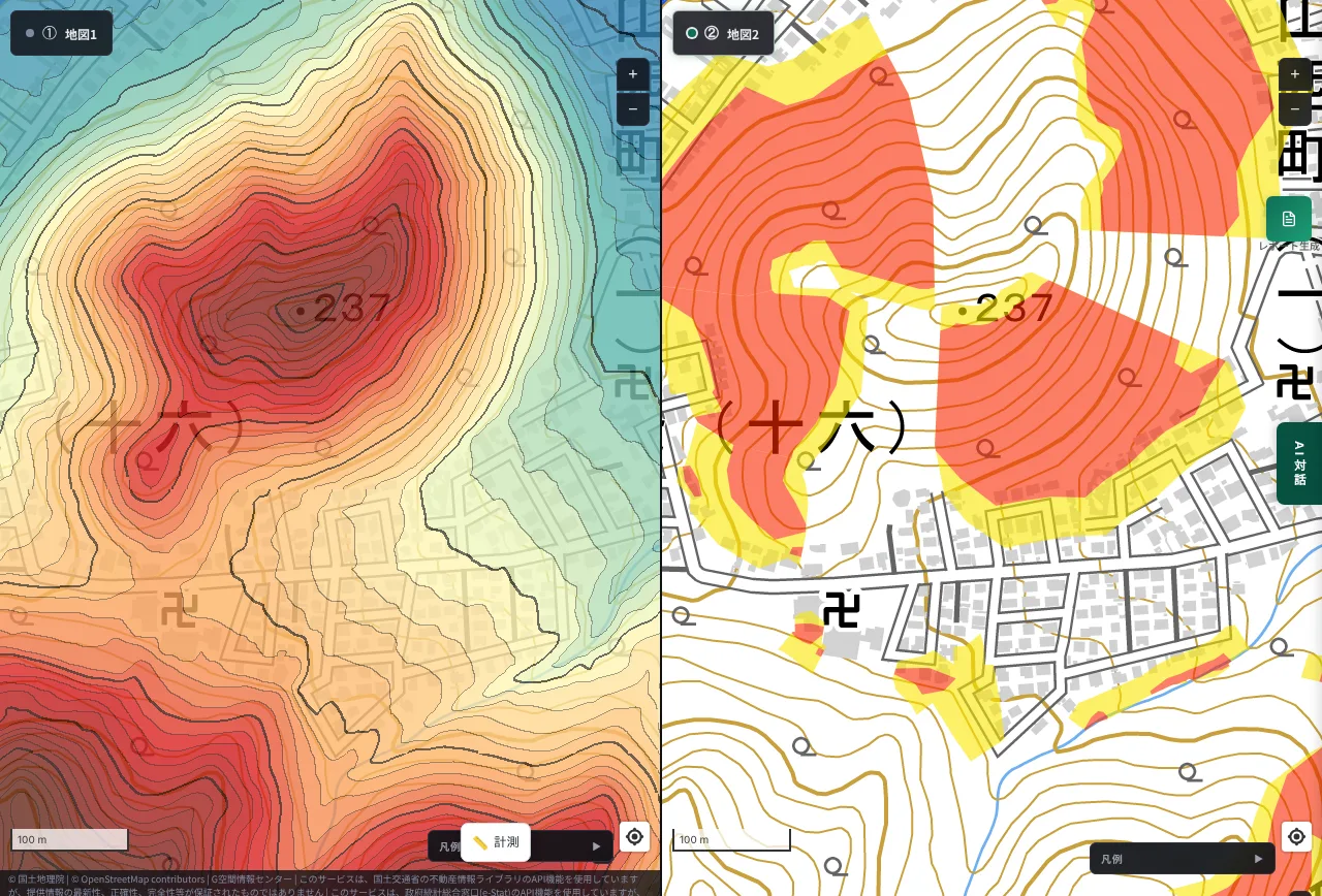 MAPRISE 2-split view of the Miyanomori area in Chuo Ward, Sapporo. On the left, the colored contour map shows a 237 m mountain in red. On the right, a large red special warning area spreads over the slope, with a yellow warning area around its edge. A residential street is visible in the lower half
