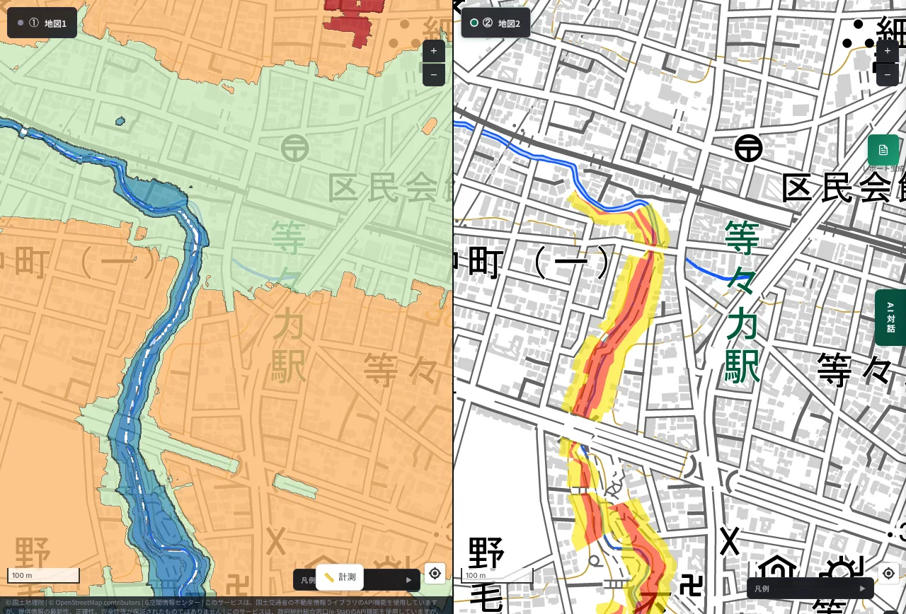 MAPRISE 2-split view near Todoroki Station in Setagaya Ward, Tokyo. On the left, a blue valley (Todoroki Gorge) runs narrowly south between plateaus. On the right, red special warning areas and yellow warning areas run along the valley as narrow bands