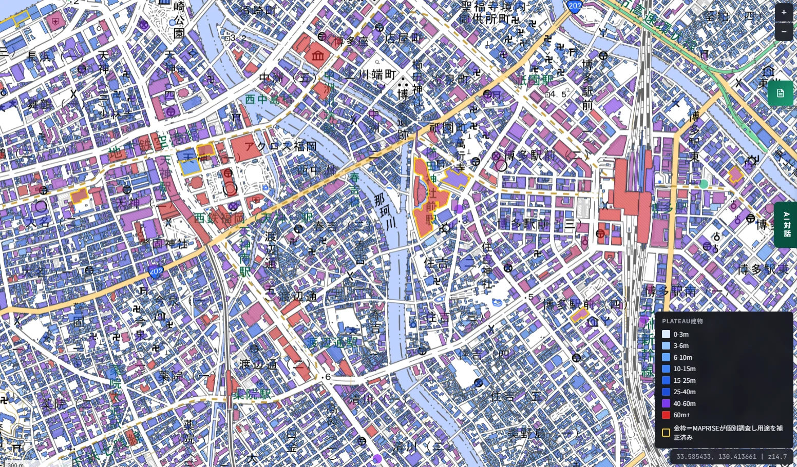 The same Tenjin and Hakata Station area of Fukuoka City, with PLATEAU buildings colored on a height gradient. A legend runs from 0-3m up to 60m+