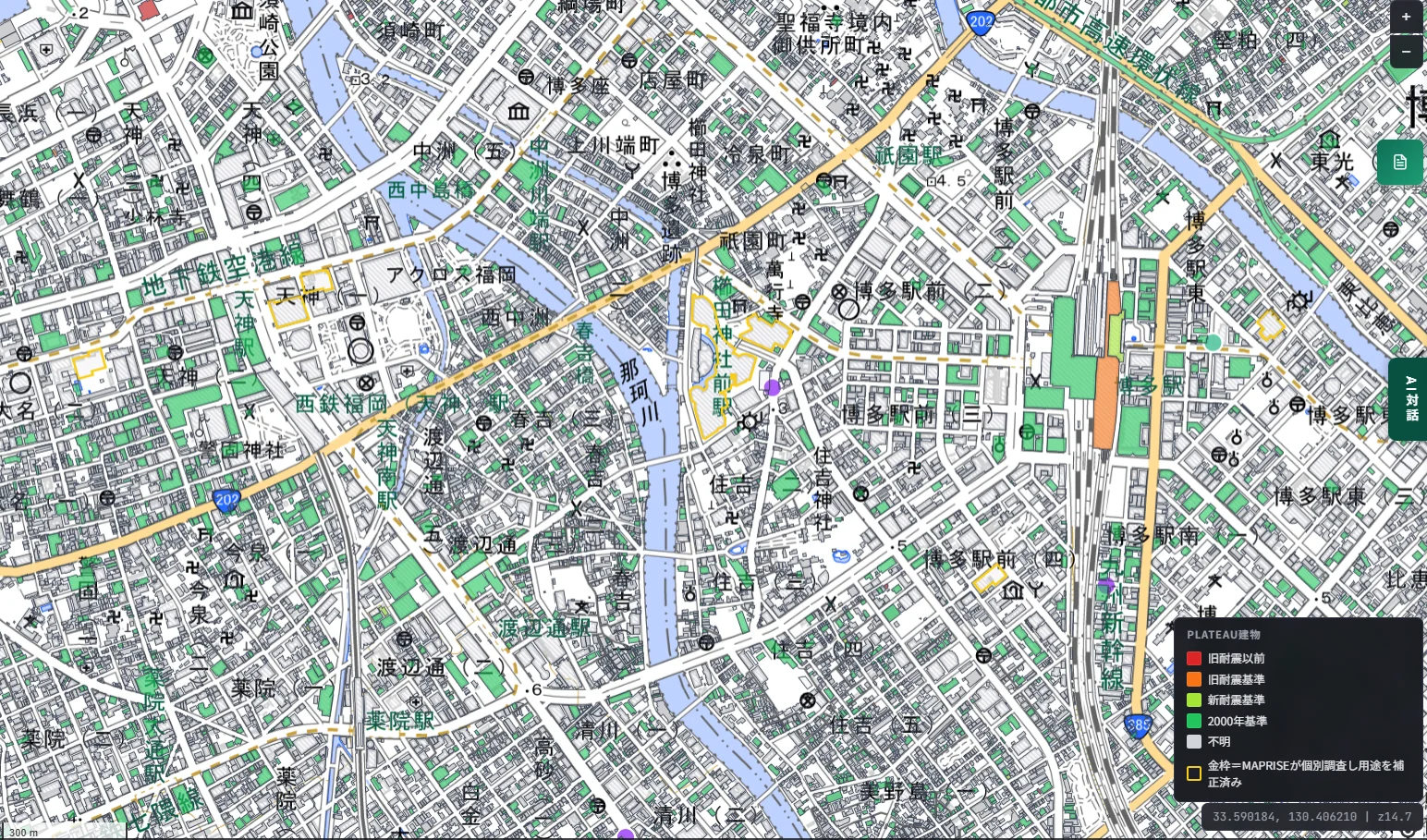Map of the Tenjin and Hakata Station area of Fukuoka City with PLATEAU buildings colored by seismic standard era. A legend shows pre-1970 (red), 1971-1981 old standard (orange), 1982-1999 new standard (yellow-green), 2000-onward (green), and unknown (gray)