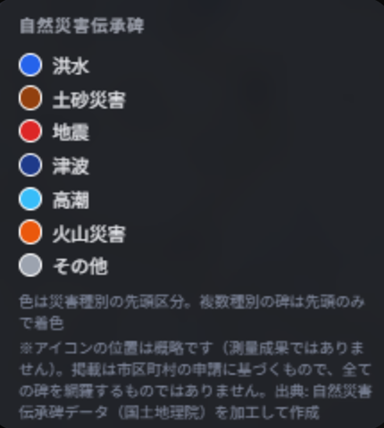 Legend for the natural disaster monument layer: flood (blue), landslide (brown), earthquake (red), tsunami (dark blue), storm surge (light blue), volcanic disaster (orange) and other (grey), with a note explaining that monuments recording several disaster types are coloured by the first category only