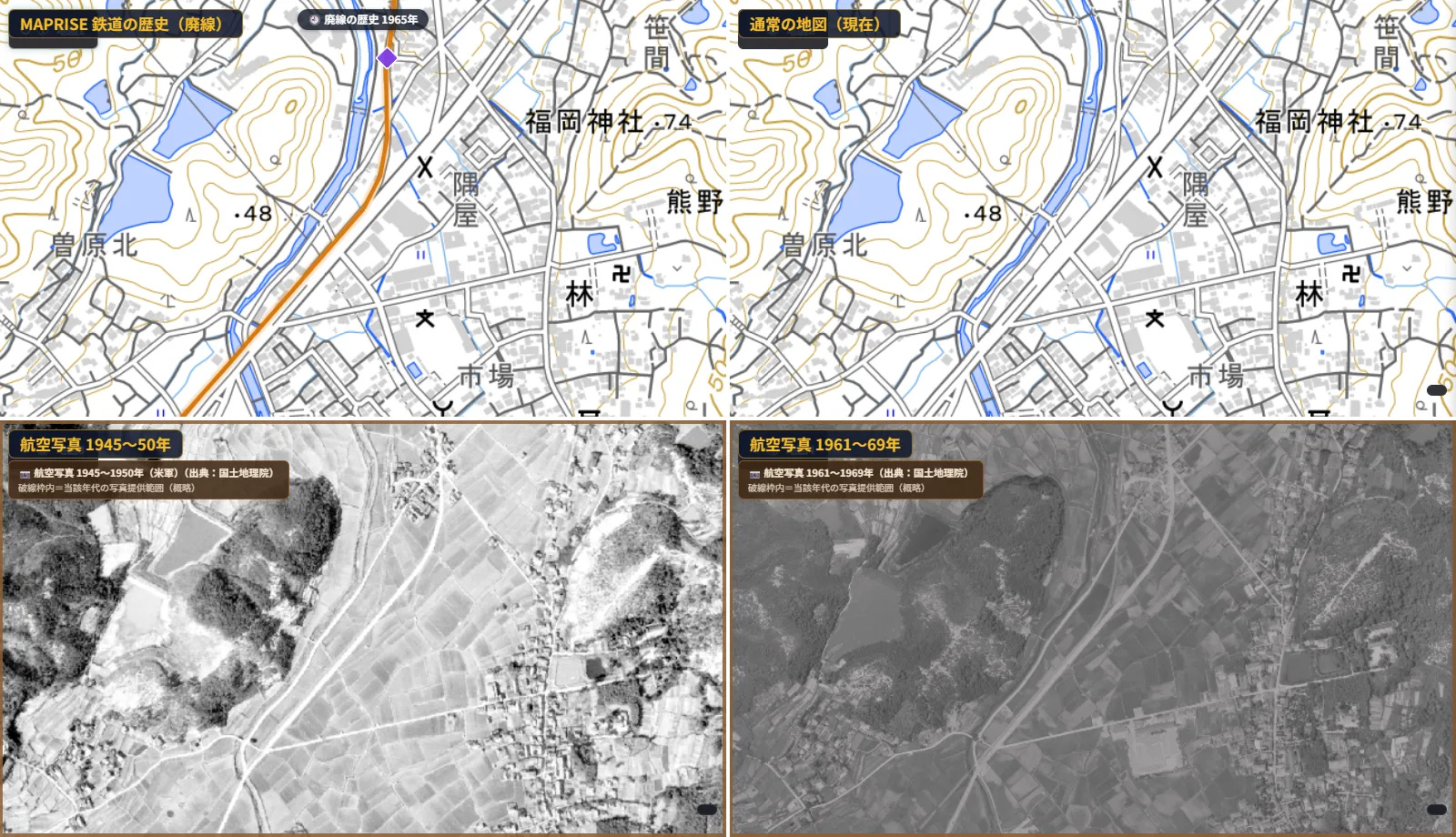 A four-panel view around Hayashi and Sohara in Kurashiki. Top left: the former-railway layer, with the orange Shimotsui Electric Railway line running from north to southwest along a river and a purple former-station mark at the top. Top right: today's map, with a narrow road along the river in the same position. Bottom left (1945–1950) and bottom right (1961–1969): black-and-white aerial photos showing a strip cutting diagonally across the rice fields
