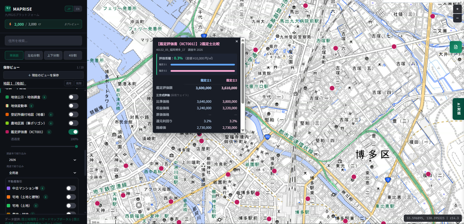 Map of the Hakata Ward area with red pins marking appraisal-report points; a popup is open showing the valuation gap comparison between Appraiser 1 and Appraiser 2