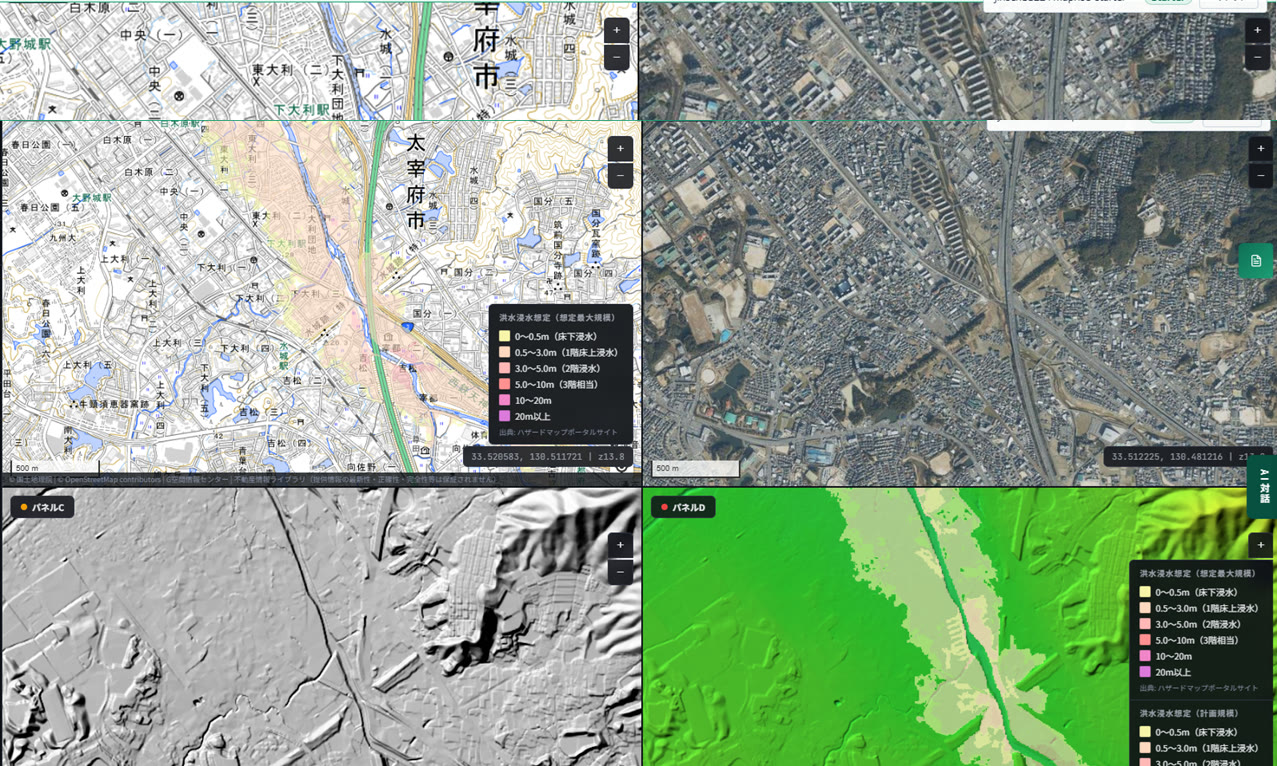 Same four-panel view with the flood simulation (assumed maximum scale) layer overlaid. On the Hakata side (west) of Mizuki, along the low-lying land next to the river, a band of flood-extent area in orange-to-red tones spreads out, corresponding to 0.5–3.0m and 3.0–5.0m depth