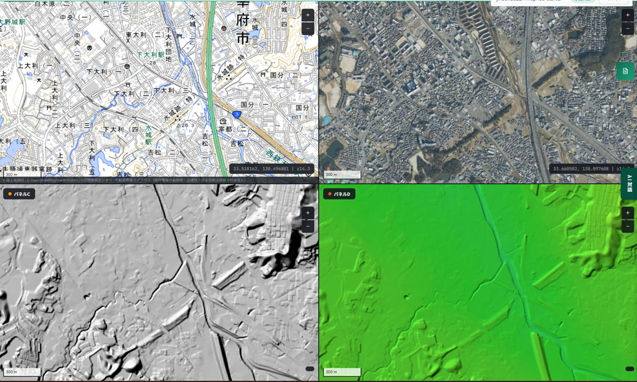 Four-panel view. Top-left is a standard map showing the Mizuki ruins, Dazaifu City, and Mizuki Station; top-right is an aerial photo; bottom-left is a grayscale hillshade map; bottom-right is a green-toned elevation-tint map. In every panel, a straight ridge running from northwest to southeast stands out clearly from the surrounding terrain