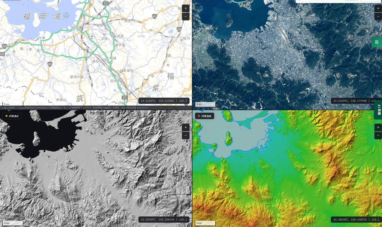 Zoomed-out four-panel view. Top-left is a standard map, top-right an aerial photo, bottom-left a hillshade map, bottom-right an elevation-tint map. You can see, in one glance, a basin-shaped plain just inland from Hakata Bay, entirely ringed by mountains