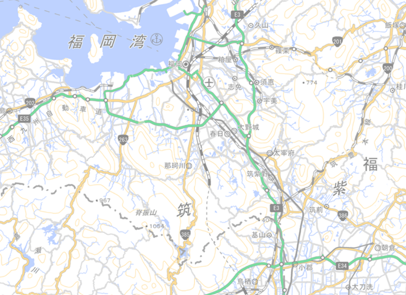 Wide-area map around Dazaifu showing the relative positions of Hakata Bay, Onojo, Mizuki, Dazaifu, and Mt. Kii, along with the Kyushu Expressway