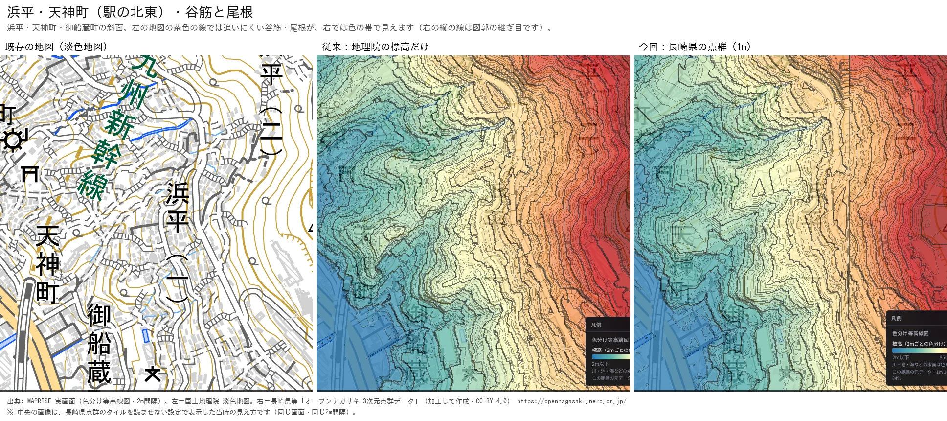 Three-panel view of the Hamahira, Tenjin-machi and Mifunekura-machi area. The left panel is an ordinary pale map showing brown contour lines and place names. The middle panel uses GSI elevation only. The right panel uses the 1 m point cloud, and valleys and ridges can be read as color bands. A single vertical line on the right is a seam between map sheets
