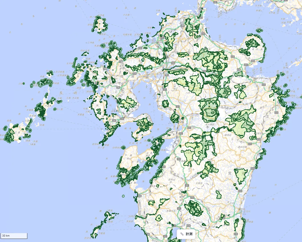 A wide-area map of the Kyushu region showing Natural Park Area boundaries (dark green outlines) and Special Zones / Special Protection Zones (light and dark green fill) distributed across the region, with numerous designated areas concentrated along the Nagasaki coastline and the mountainous areas of Oita and Miyazaki.