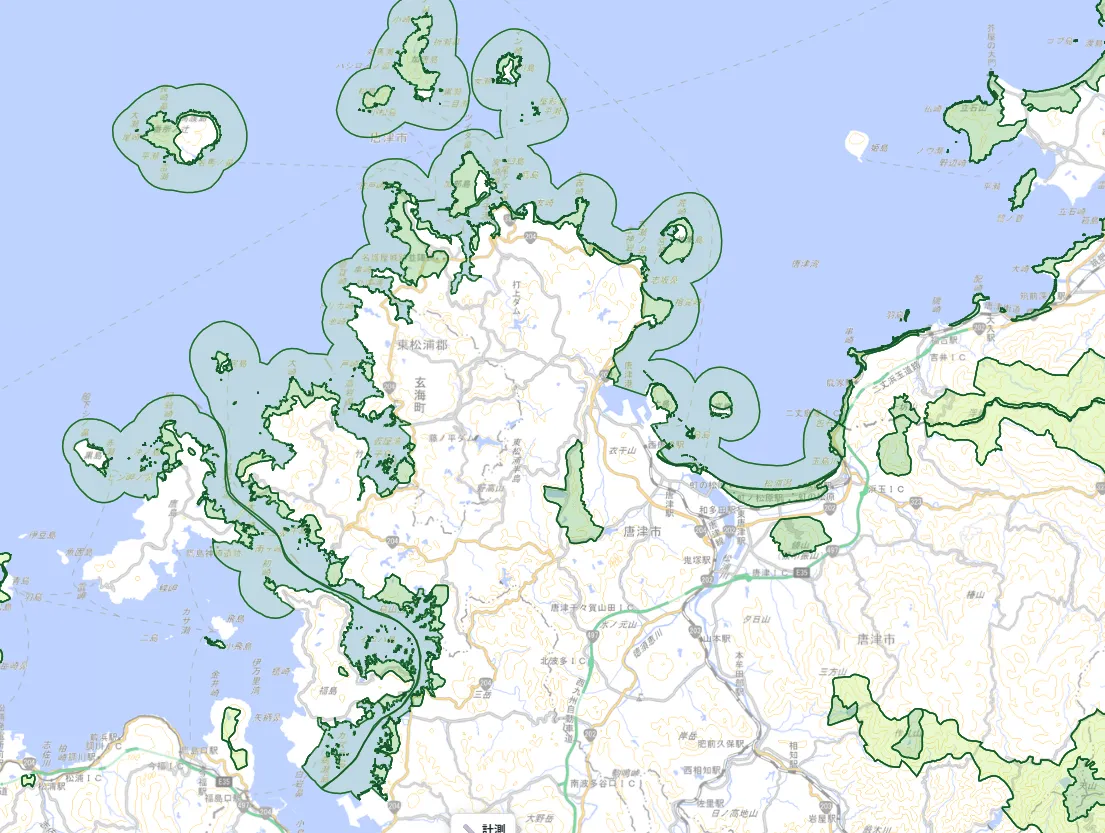 A map of the area around Karatsu City and Genkai Town in Saga Prefecture. Natural Park Area boundaries and Special Zones are densely distributed along the intricate rias coastline and offshore islands of the Genkai Sea, with a light-blue band of Ordinary Zone (reference layer) spreading along the coast.