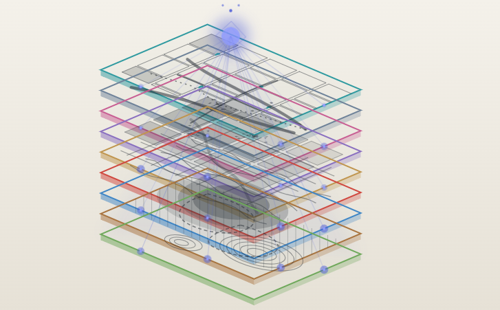 An illustration of multiple data layers stacking and converging toward a point of light — representing distinct layers such as maps, building polygons, points of interest, and statistics fusing together