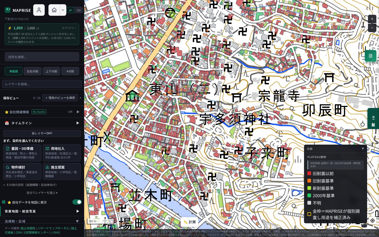 Seismic-standard map from Higashi Chaya to the foot of Mt. Utatsu in Kanazawa. Red buildings line the narrow streets and dot the temple-rich hillside