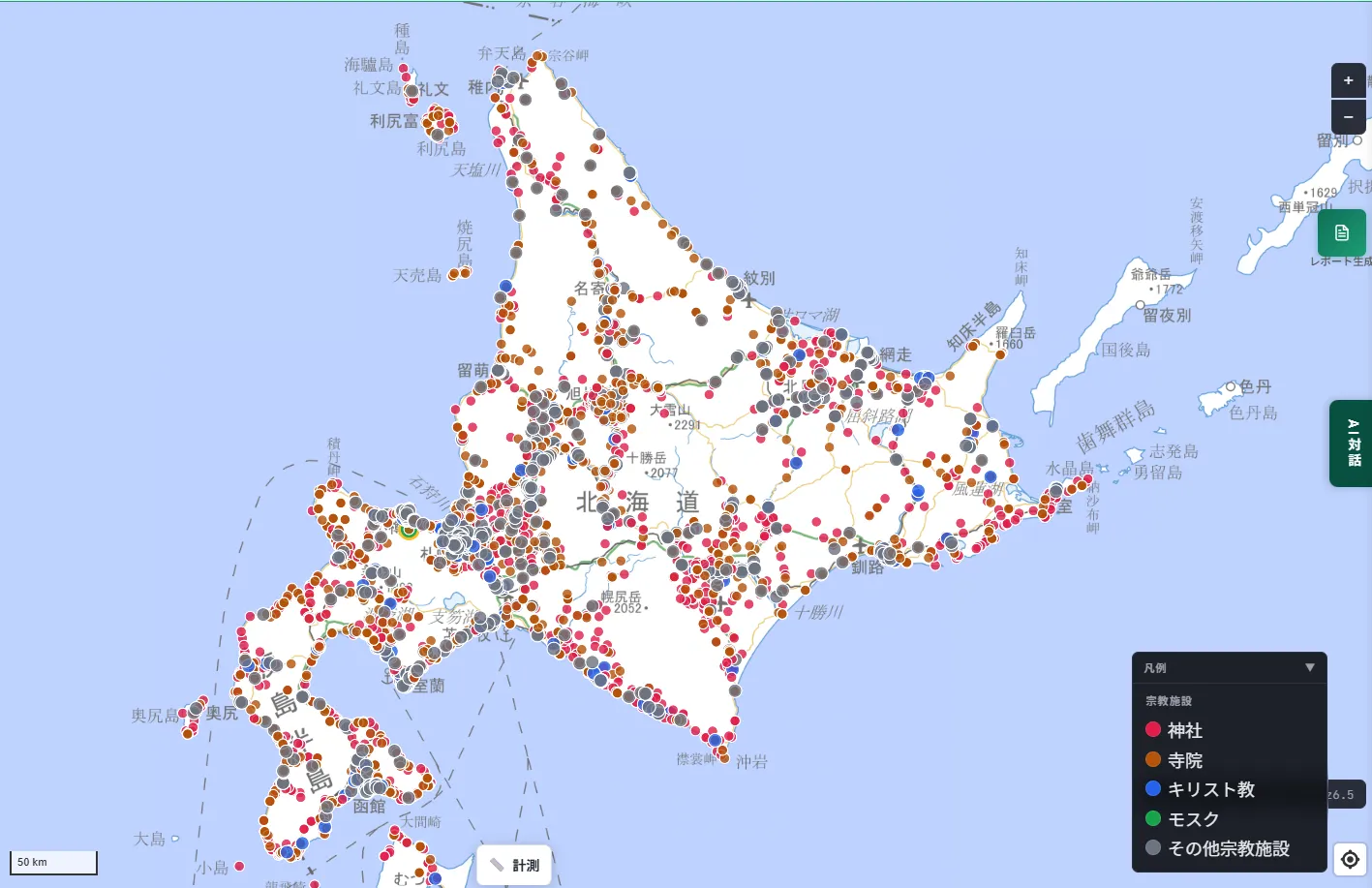 A wide-area map of Hokkaido showing shrines (red) and temples (orange), alongside an extremely high density of other religious facilities (gray) distributed across the entire prefecture.