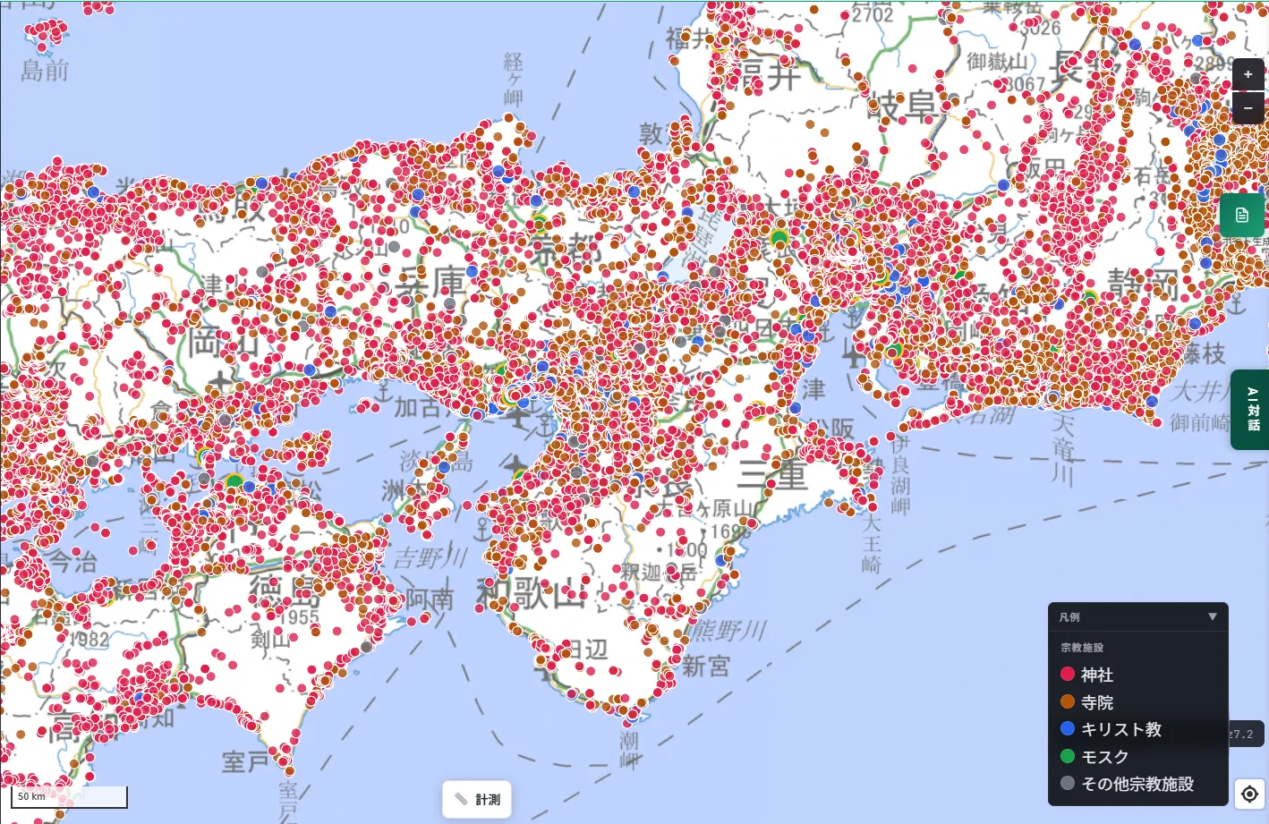 A wide-area map of the Kinki region, showing an extremely high density of shrines (red) and temples (orange) concentrated around Kyoto, Nara, Hyogo, and Wakayama prefectures.