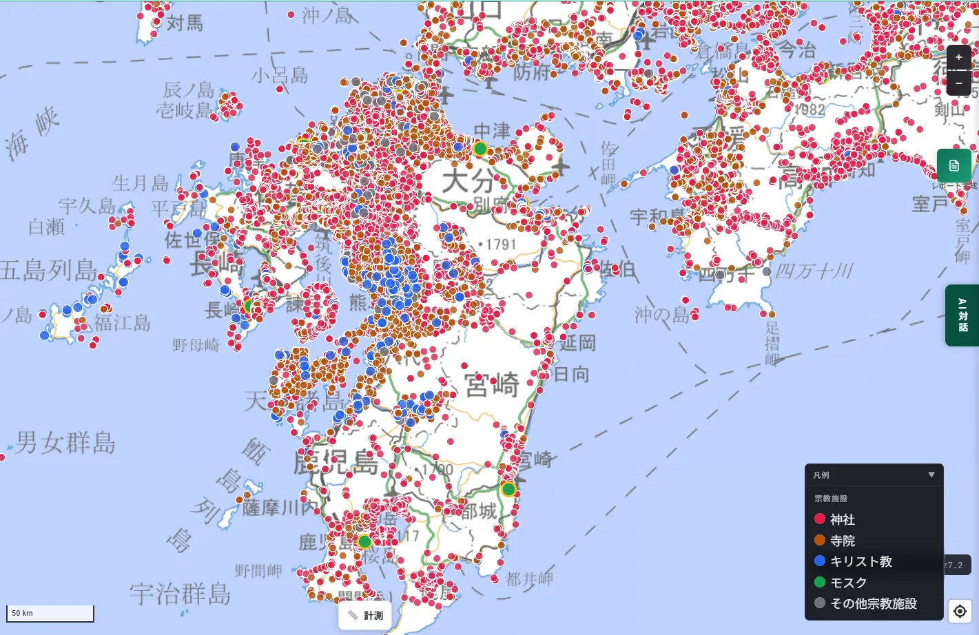 A wide-area map of Kyushu and Shikoku, with a high density of shrines (red) and temples (orange), and a dense cluster of Christian churches (blue) around Nagasaki Prefecture and the Amakusa region of Kumamoto Prefecture. Mosques (green) are scattered around Nakatsu City in Oita Prefecture, Nagasaki City, Miyakonojo City in Miyazaki Prefecture, and Kagoshima City.