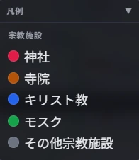 The legend for the religious facilities layer, showing five categories: shrine (red), temple (orange), Christian (blue), mosque (green), and other religious facility (gray).