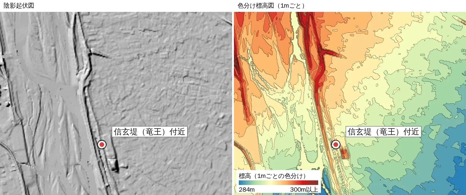 Close-up of the Shingen Levee area. Left: black-and-white hillshade. Right: elevation colored every 1 m. A long narrow rise runs north to south along the east bank of the Kamanashi River, and the flat land to its east falls gradually. A red marker shows the Shingen Levee area