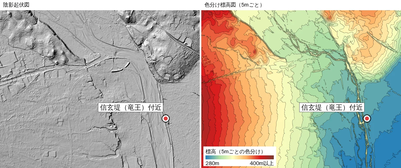Wide view around the Shingen Levee. Left: black-and-white hillshade. Right: elevation colored every 5 m. Elevation falls from the western mountain side (red to orange), across the fan, to the low land along the Kamanashi River (blue), with a thin line following the river. A red marker shows the Shingen Levee area