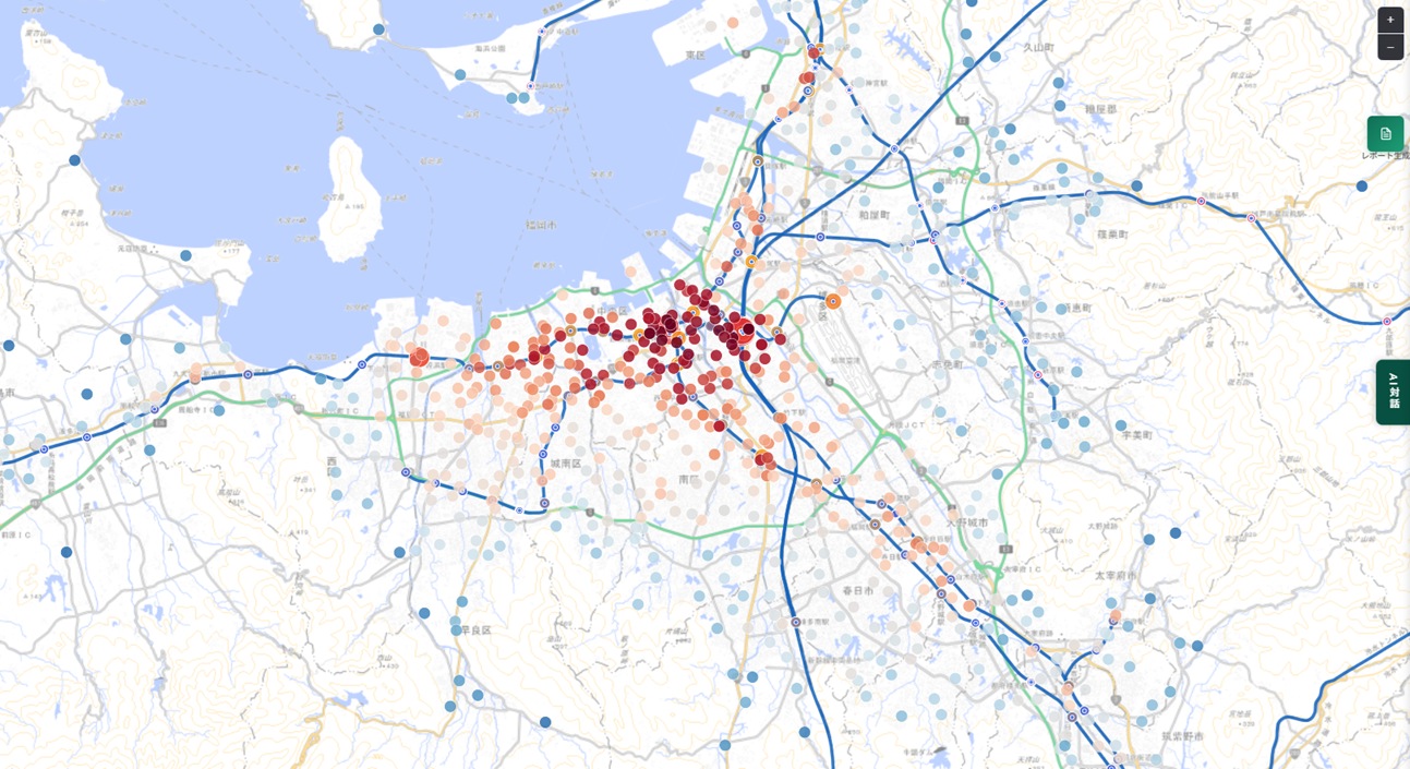 Railway stations and land price points overlaid across the Fukuoka metropolitan area, in the Japanese interface, letting you compare per-station passenger volume against the surrounding land price level at a glance