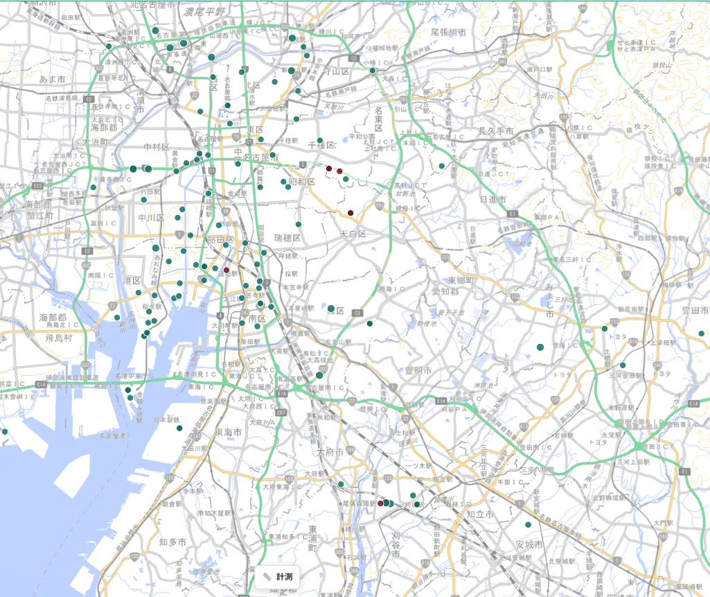 名古屋市周辺を表示した地図画面。中村区・中区・熱田区などに緑色のマーカーが多数分布し、昭和区・天白区付近には赤色の要措置区域も複数確認できる