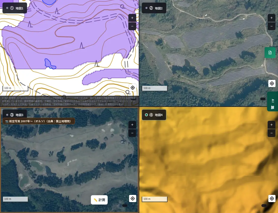 4-panel view of Fujioka, Gunma. Top left: AI-detected panel areas; top right: current aerial photo of panels in bands on a slope; bottom left: 2007 aerial photo showing band-like fairways and trees of a golf course; bottom right: color elevation map