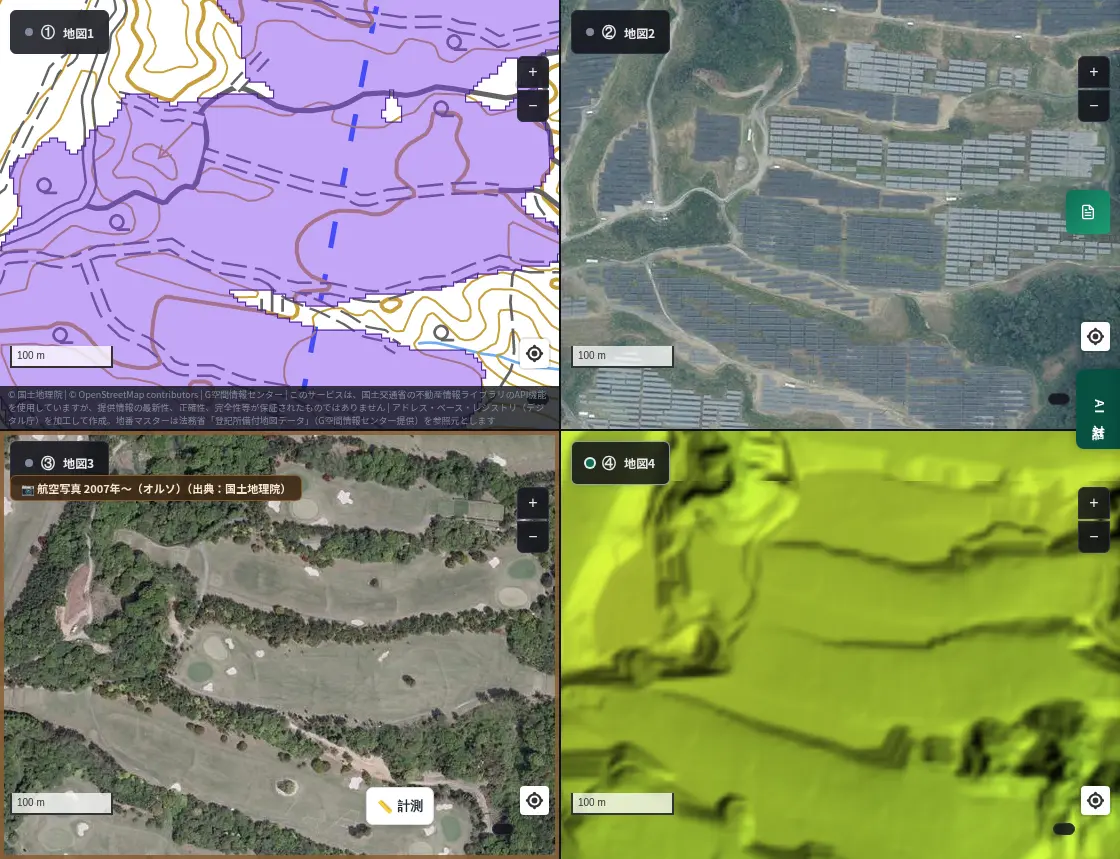 4-panel view of Inabe, Mie. Top left: AI-detected panel areas; top right: aerial photo of panels surrounded by forest; bottom left: 2007 aerial photo showing fairways and bunkers of a golf course; bottom right: color elevation map